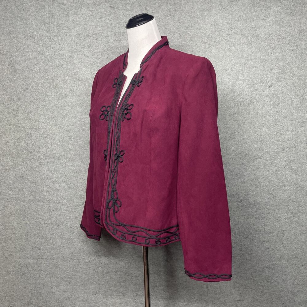 Dress Barn XL Burgundy Faux Suede Jacket w/Black Scrollwork Embroidery Mandarin - Picture 5 of 10